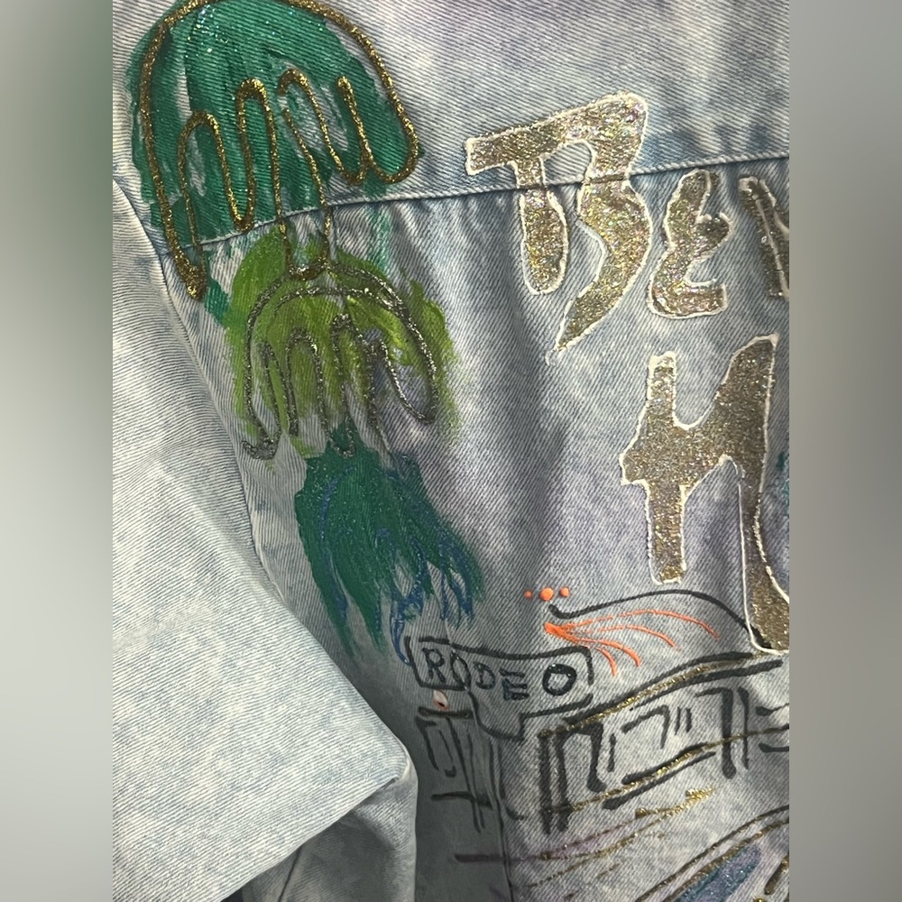 RIO Beverly Hills airbrushed glitter crystals bolero crop jean denim jacket 1990 - Picture 9 of 11
